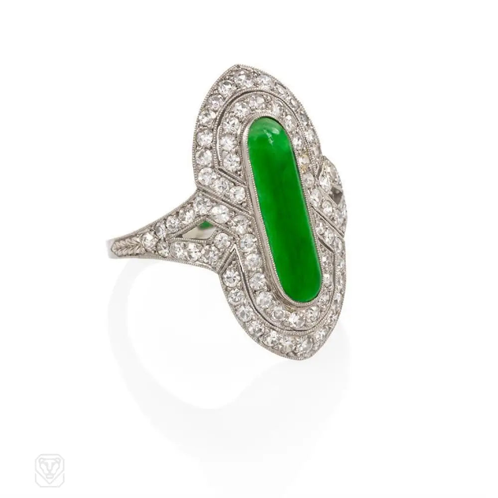 women’s engagement rings with halos-Art Deco jade and diamond ring