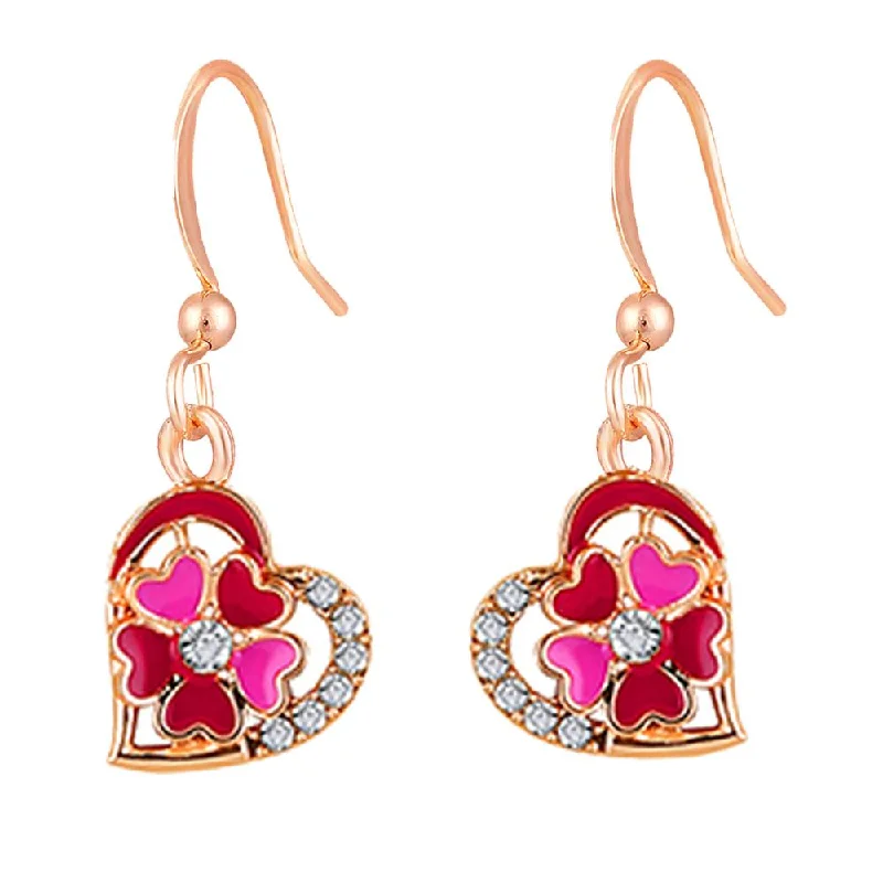 women’s flower earrings-Mahi Rose Gold Plated Red and Pink Meenakari Work and Crystals Floral Heart Earrings for Women (ER1109856ZRedPin)