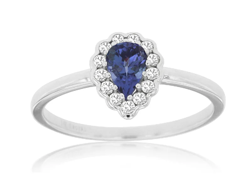 emerald-cut diamond engagement rings-Pear Shaped Tanzanite & Diamond Ring