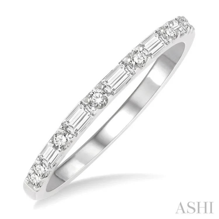 multi-stone rings for women-1/3 Ctw Alternating Baguette and Round Cut Diamond Wedding Band in 14K White Gold