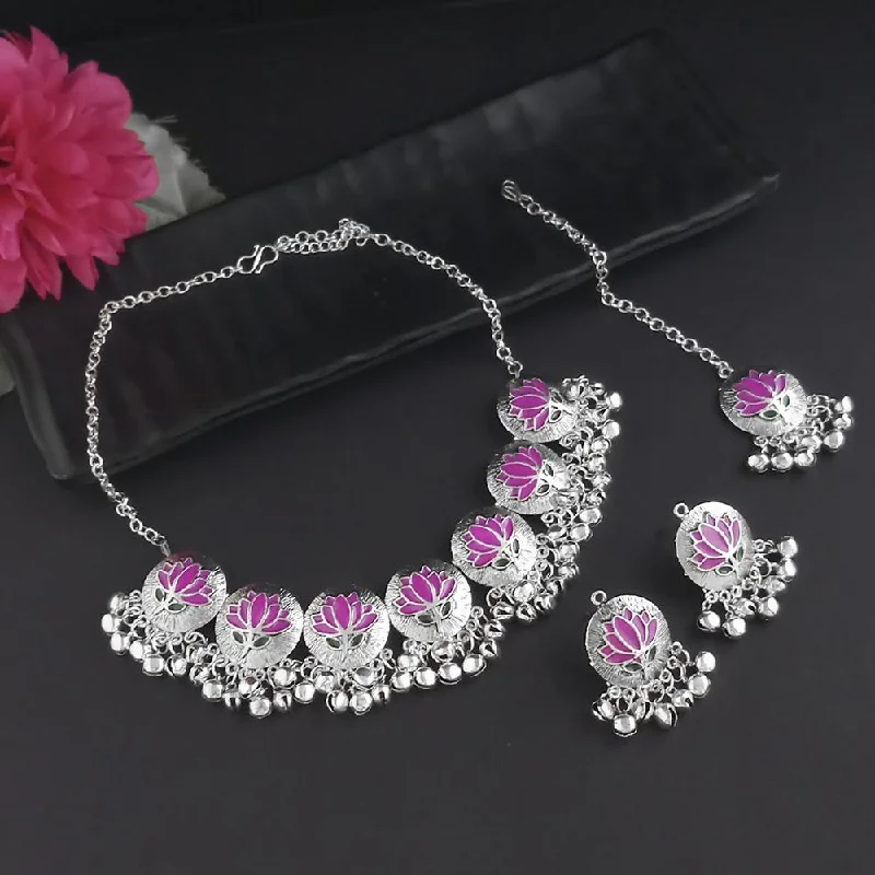 women’s sapphire necklaces-Kriaa Oxidised Plated Pink Meenakari Necklace Set With Maang Tikka - 1116015C