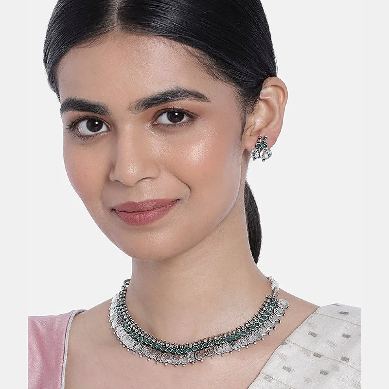 adjustable gemstone necklaces for women-Etnico 18K Silver Oxidised Traditional South Indian Style Coin Necklace With Earrings For Women & Girls (MC063ZG)