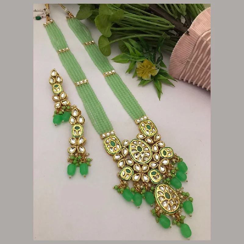 personalized nameplate necklaces-FS Collection Gold Plated Kundan Stone And Pearls Long Necklace Set