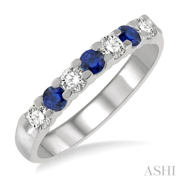 fashion rings for women-3/8 ctw Round Cut Diamond and 3MM Sapphire Precious Wedding Band in 14K White Gold