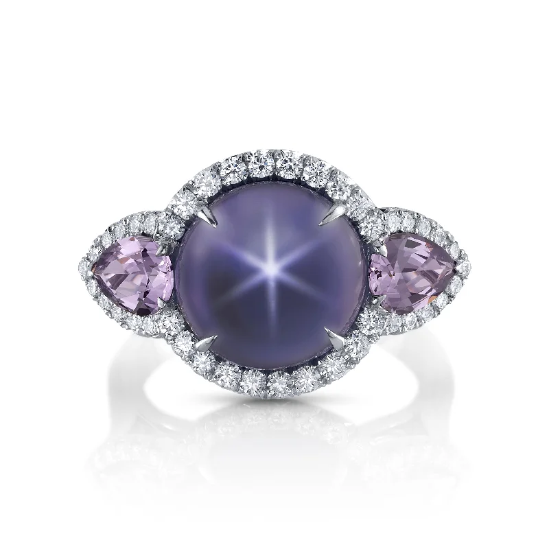 women’s art deco engagement rings-Star Sapphire, Spinel, and Diamond Ring in Platinum