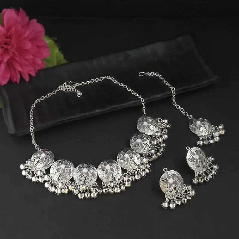 bold statement necklaces for women-Kriaa Oxidised Plated Grey Meenakari Necklace Set With Maang Tikka - 1116014A