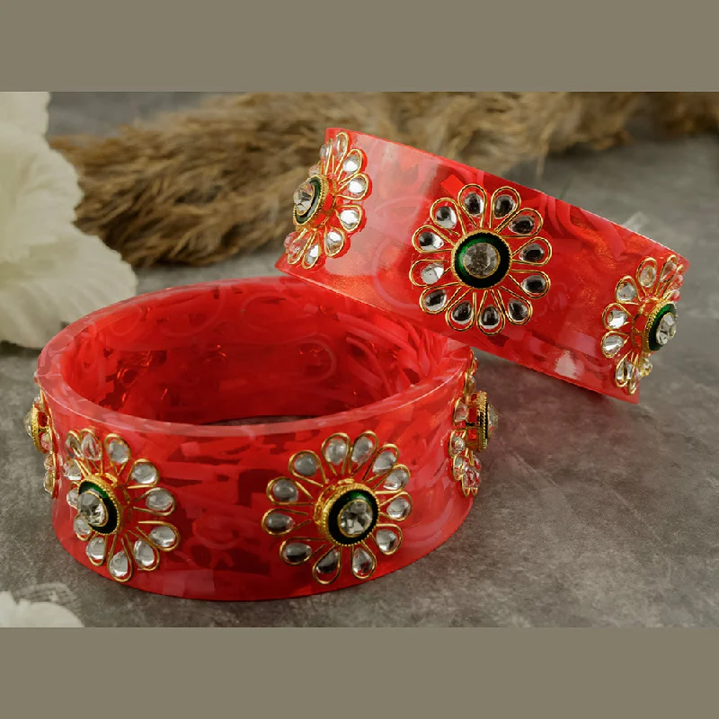 engraved bracelets for women-SOB Set of 2 Acrylic Translucent Designer Kundan Floral Bangles