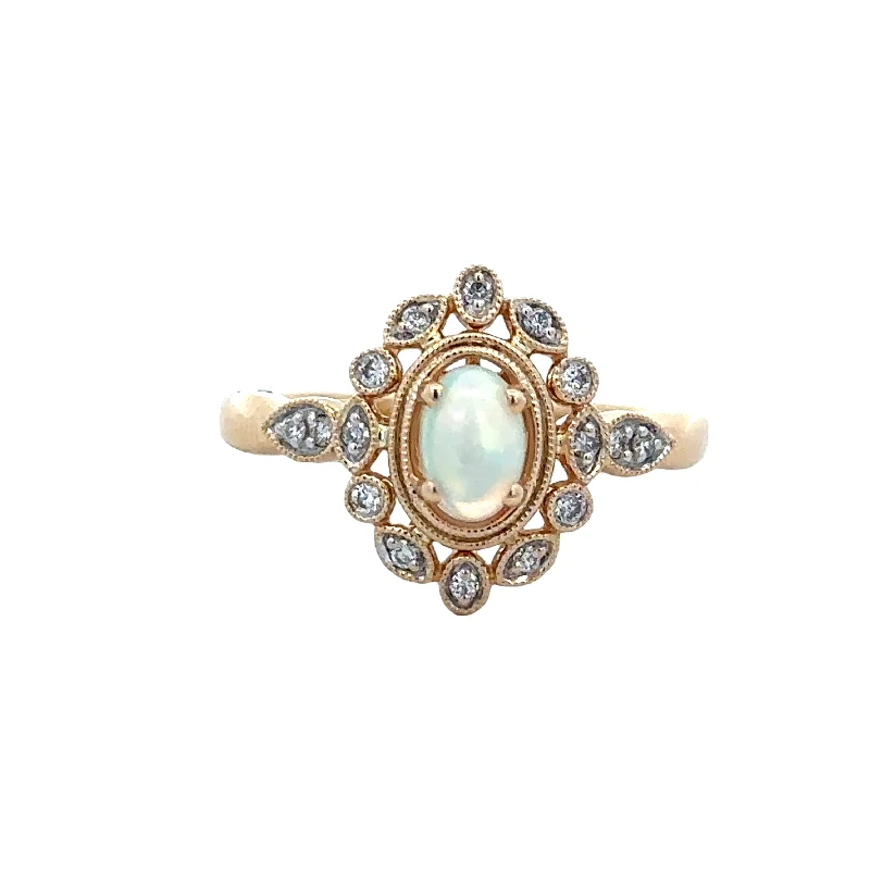 rose gold solitaire engagement rings-Opal and Diamond Ring in Yellow Gold