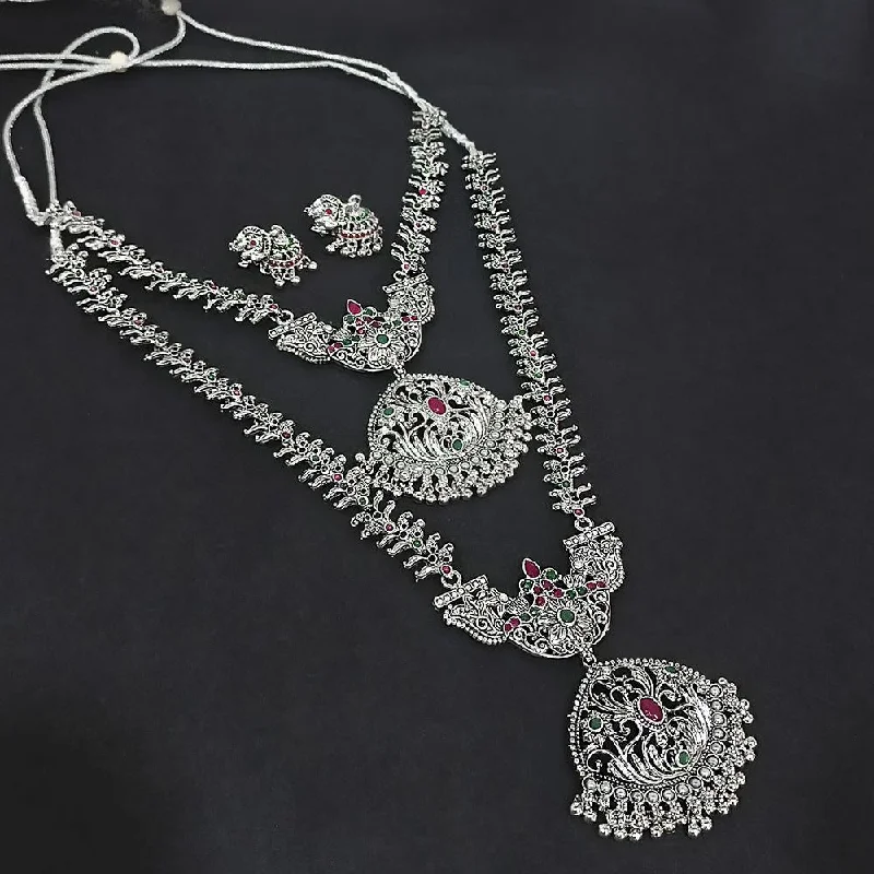 classic necklaces for women-Kriaa Oxidised Plated Green & Pink Double Necklace Set - 1116007