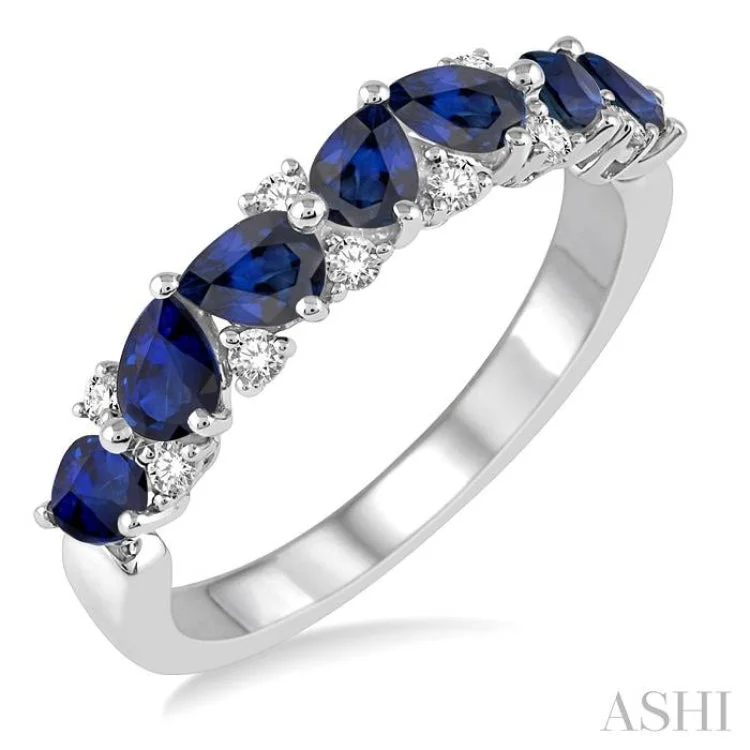 women’s eternity rings-1/6 ctw Pear Shape 4X3MM Sapphire and Round Cut Diamond Precious Band in 14K White Gold