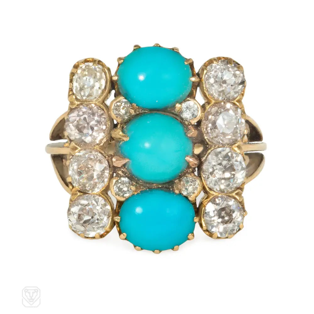 women’s gemstone engagement rings-Antique three-row turquoise and diamond ring