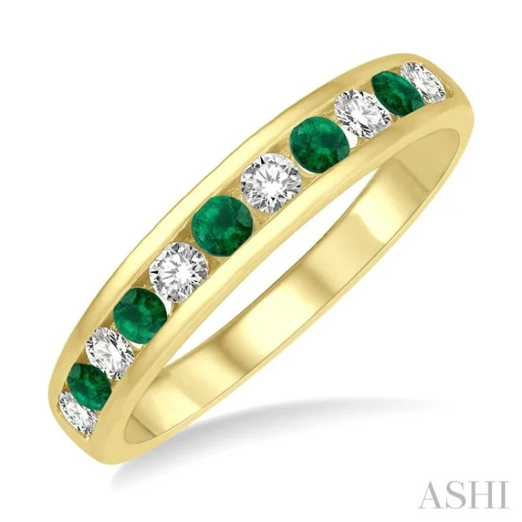 silver rings for women-1/4 ctw Round Cut Diamond and 2.3MM Emerald Precious Wedding Band in 14K Yellow Gold