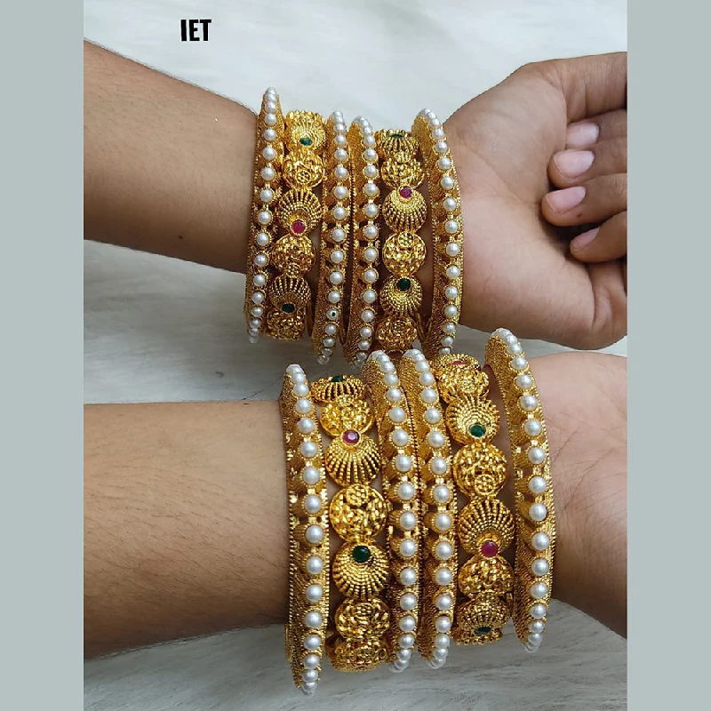 women’s gold bracelets-Lucentarts Jewellery Pink & Green Pota Stone Gold Plated Bangles Set