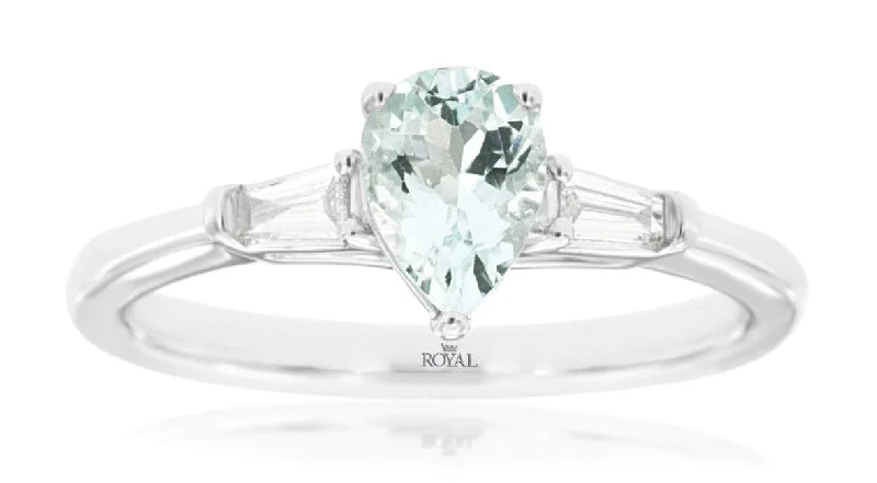 women’s emerald engagement rings with diamonds-14k white gold pear shaped aquamarine and baguette diamond ring