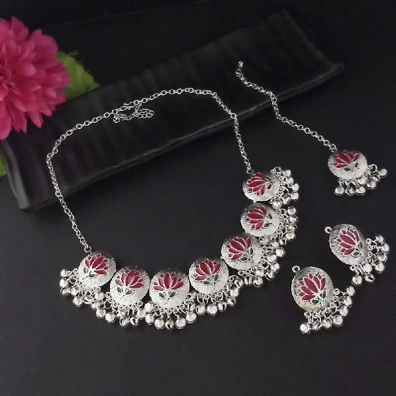 moonstone necklaces for women-Kriaa Oxidised Plated Red Meenakari Necklace Set With Maang Tikka - 1116015H