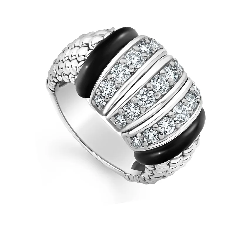 halo diamond engagement rings for women-Black Caviar Three Station Ceramic Caviar Diamond Ring