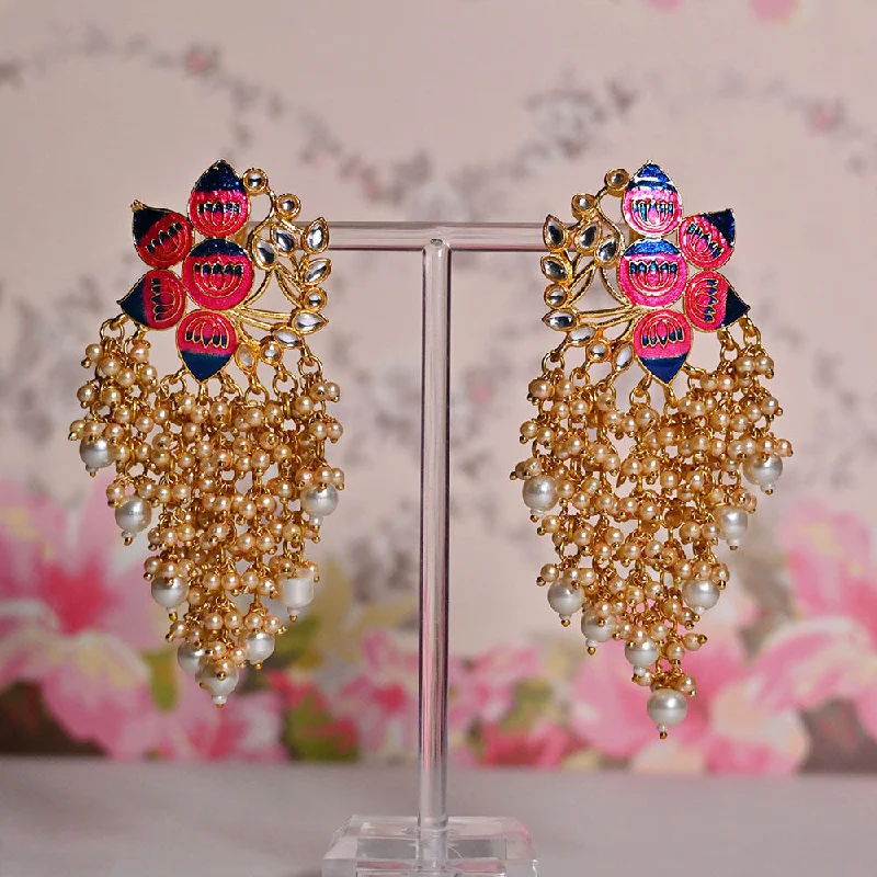 multi-colored earrings for women-Shagna Gold Plated Kundan Stone And Meenakari Pearls Dangler Earrings