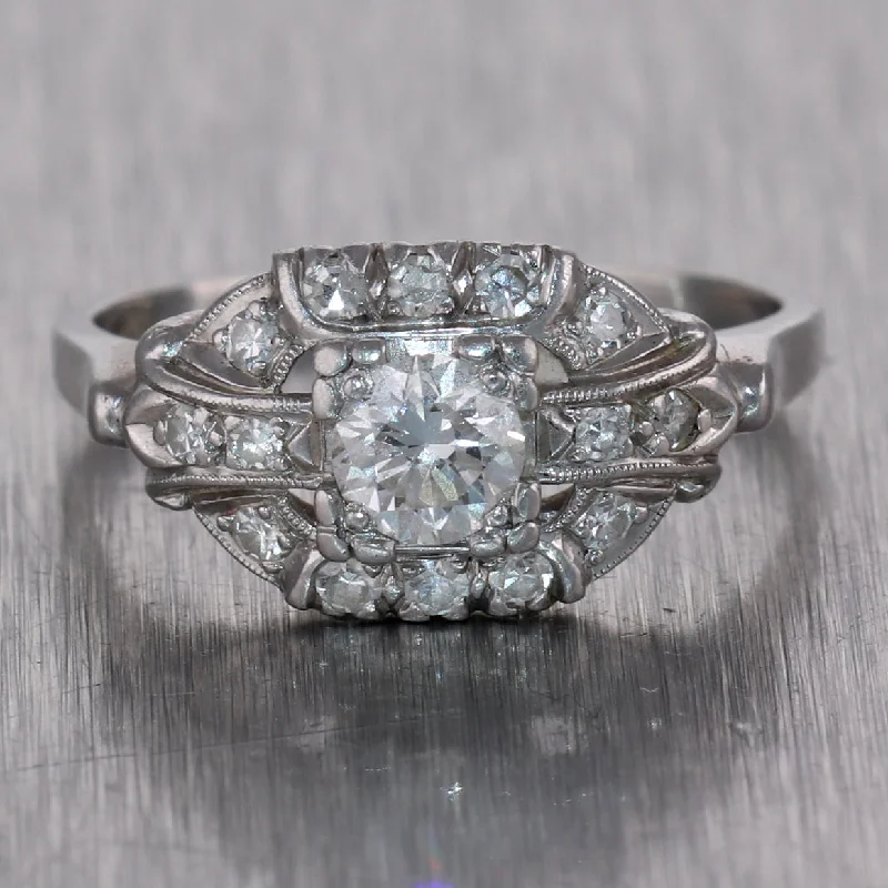 women’s vintage diamond rings-1930's Antique Art Deco Platinum Granar Brothers 0.65ctw Diamond Ring